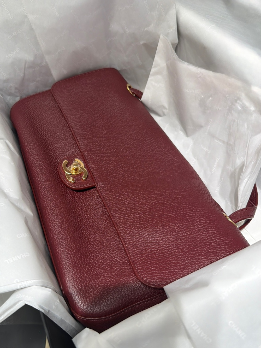 Chanel Maxi Flap Shoulder Bag Grained Calfskin Burgundy Gold Hardware